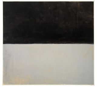 Painting with a band of black at the top and a band of grey at the bottom