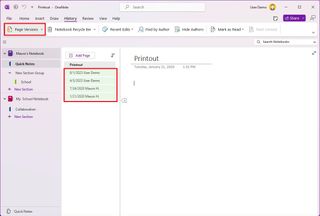 OneNote page revisions