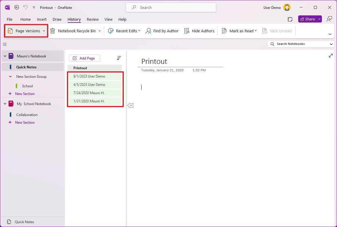 Версии страниц OneNote