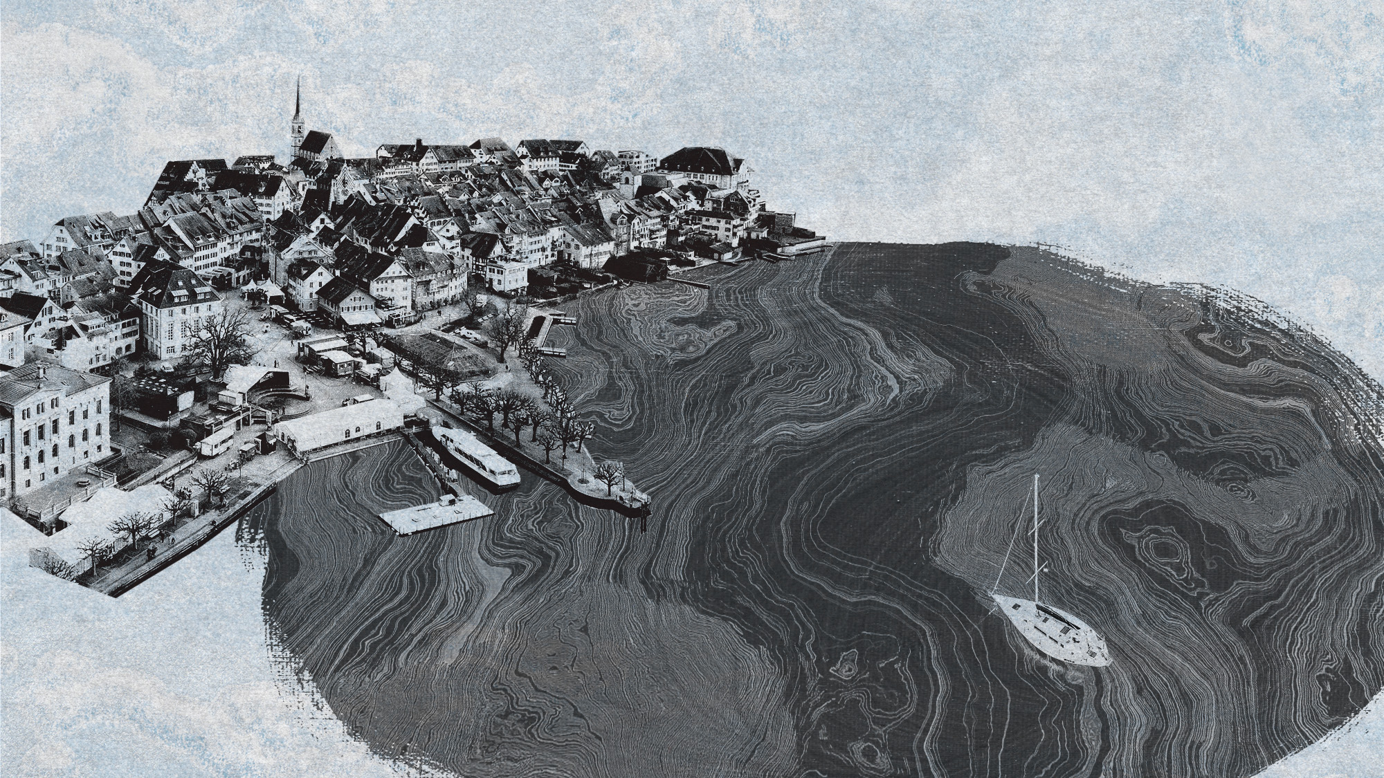 Photo collage of the town of Zug with a yacht approaching the pier, on a lake of black oil