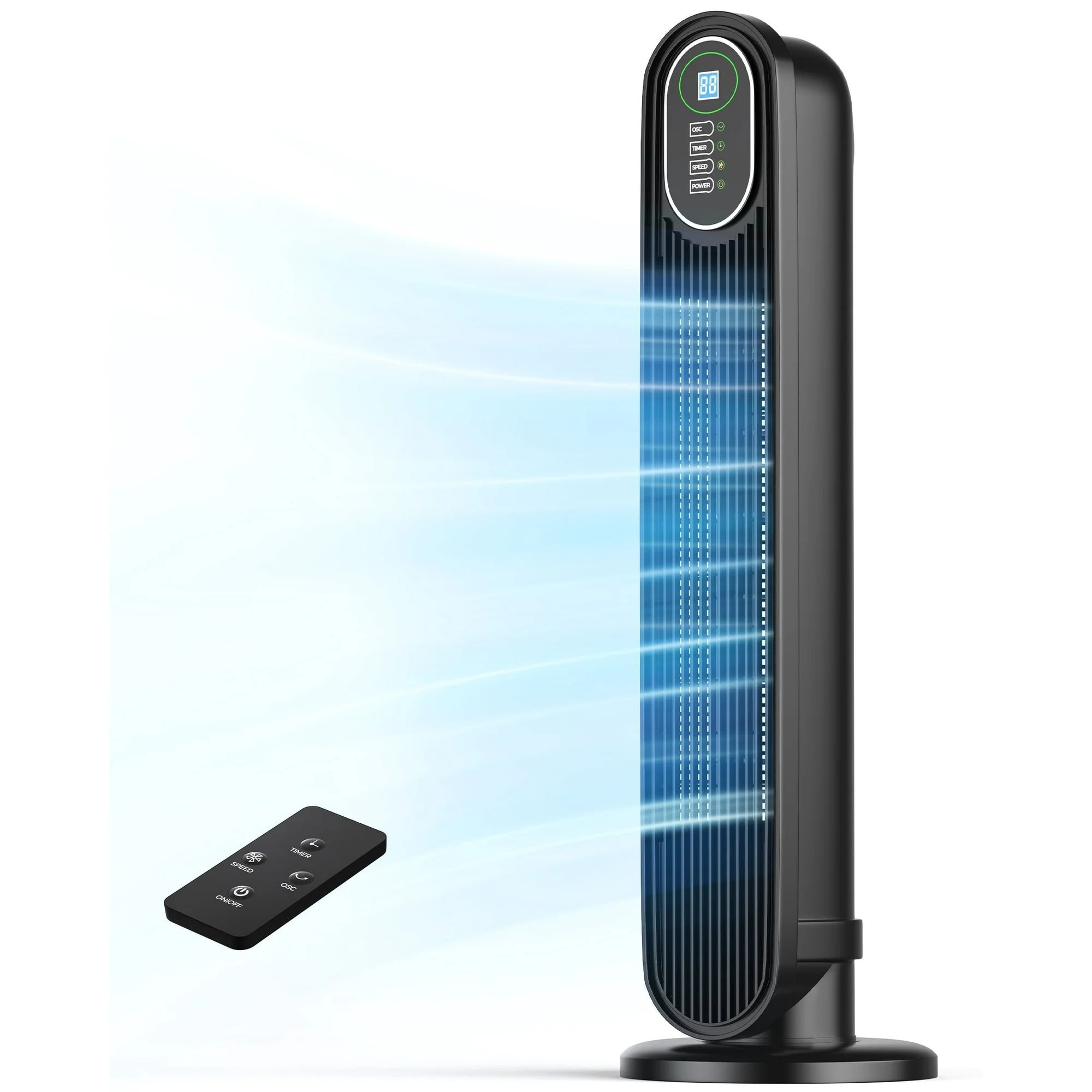 A black NFTIGB Oscillating Tower Fan with black remote control