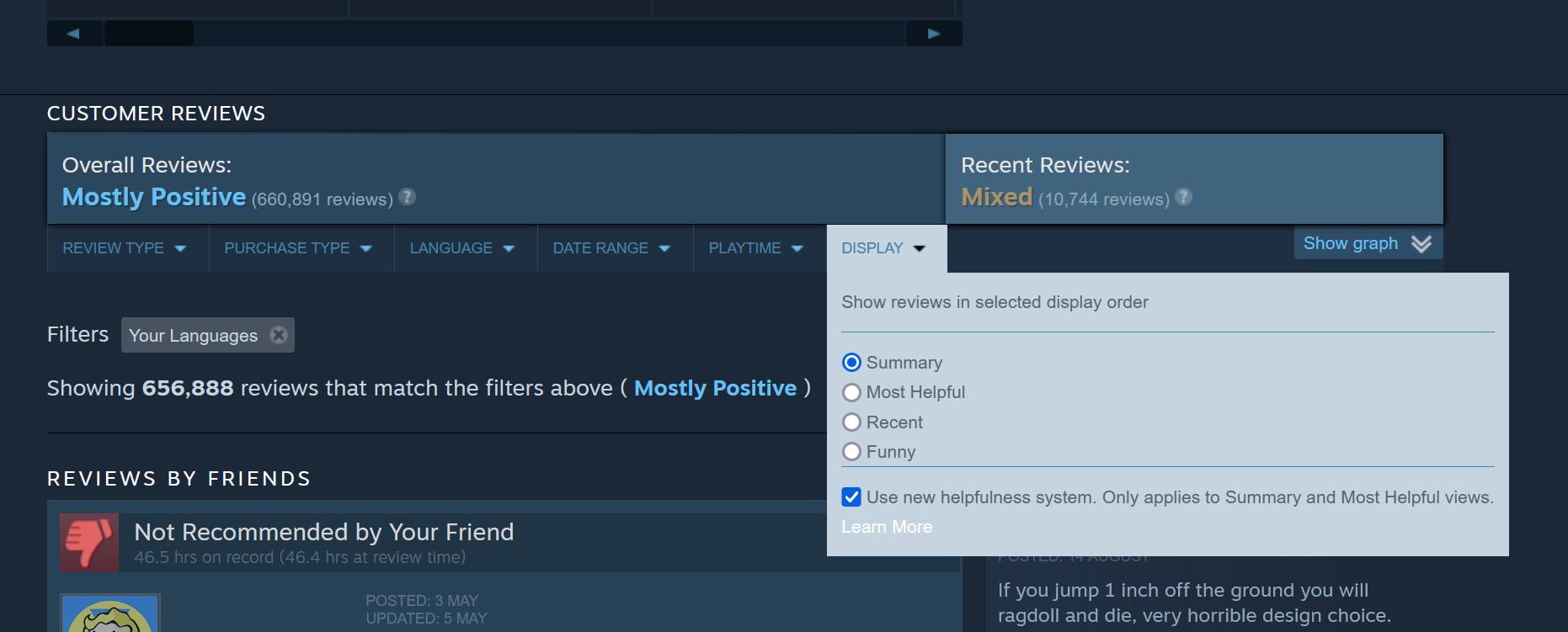 Steam's new 'Helpfulness System' checkbox in user review menu