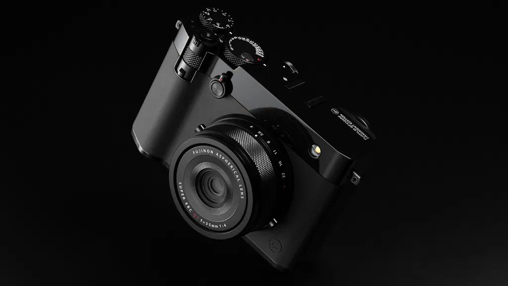 The Fujifilm GFX100RF Fragment Edition on a black background