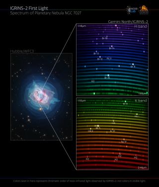 Spectra of the Jewel Bug Nebula captured at 1.49 microns (blue) and 1.93 microns (red). The colors are false color, with the spectra in infrared light and not visible light.