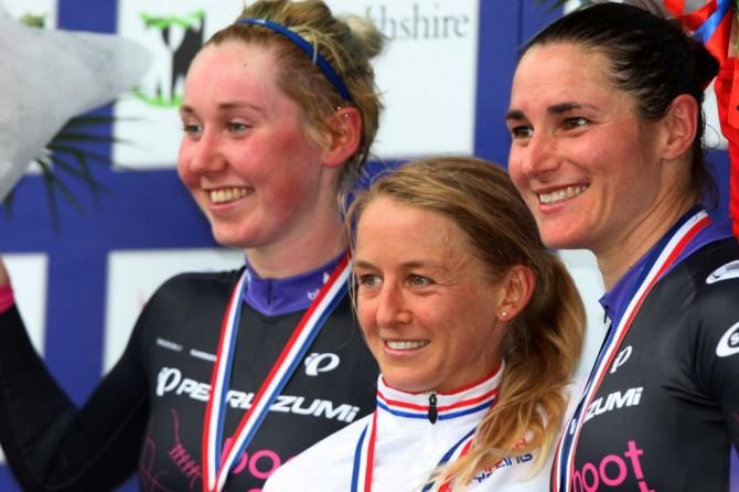 Emma Pooley (Lotto-Belisol Ladies), Katie Archibald (GBr) Pearl Izumi Sports Tours International) and Dame Sarah Storey (Pearl Izumi Sports Tours International)