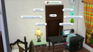 A Sim sits at his desk writing reports in The Sims 4