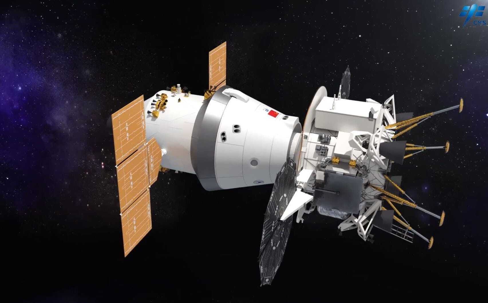 An illustration of a white space craft with opposing solar panels floating in space