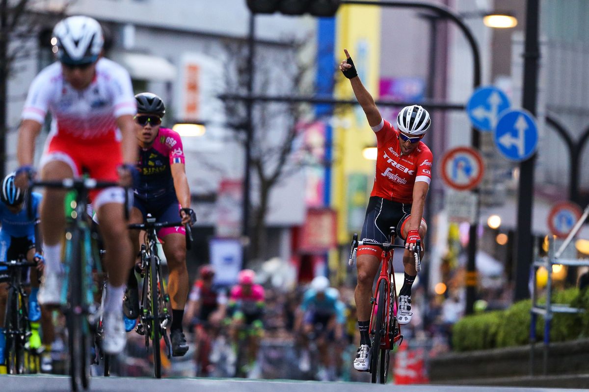 Koen de Kort celebrates his teammate's win