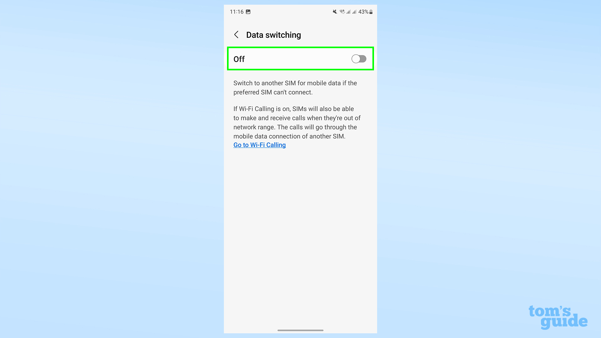 Скриншот приложения «Настройки» Galaxy S23 Ultra, показывающий меню переключения данных.