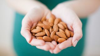 Hands holding almonds