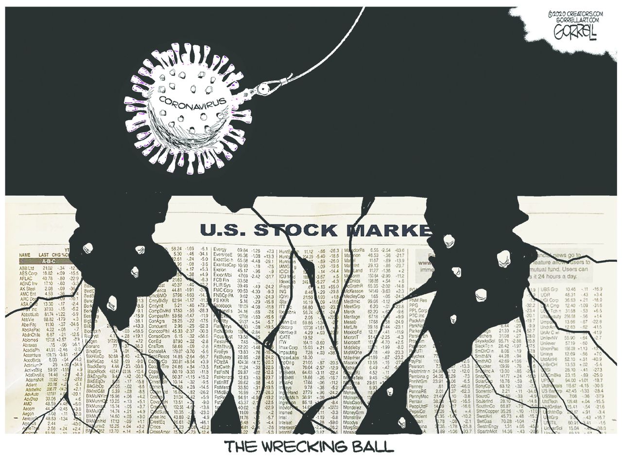 Editorial Cartoon U.S. coronavirus wrecking ball stock market cracking