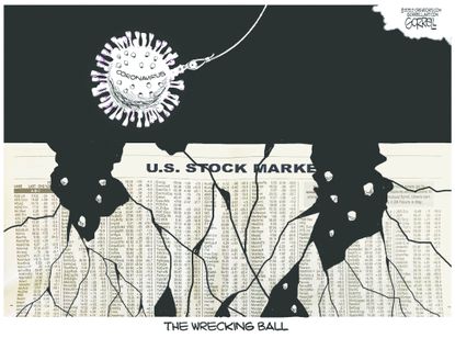 Editorial Cartoon U.S. coronavirus wrecking ball stock market cracking