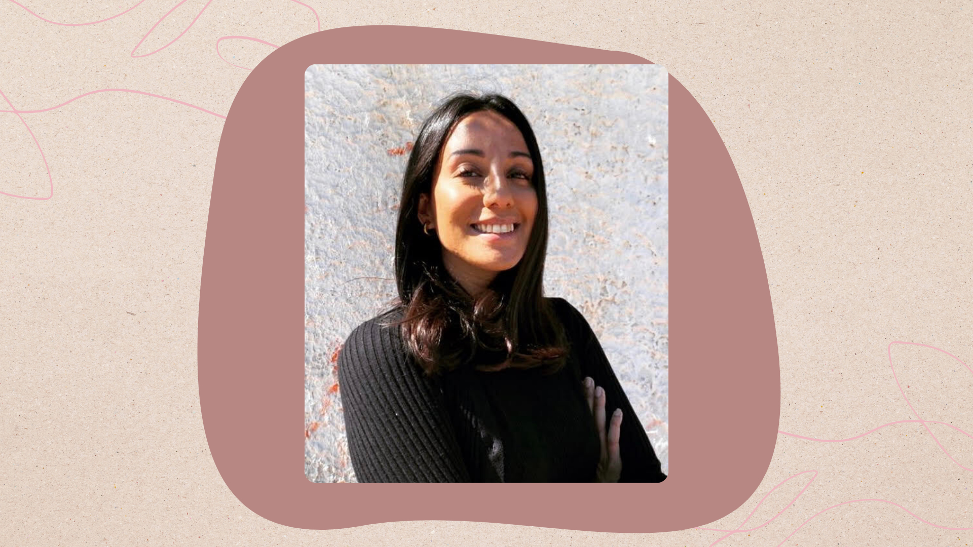Image of Disciple Skincare founder Charlotte against a dark pink abstract shape on a beige background with two pink single line illustrations