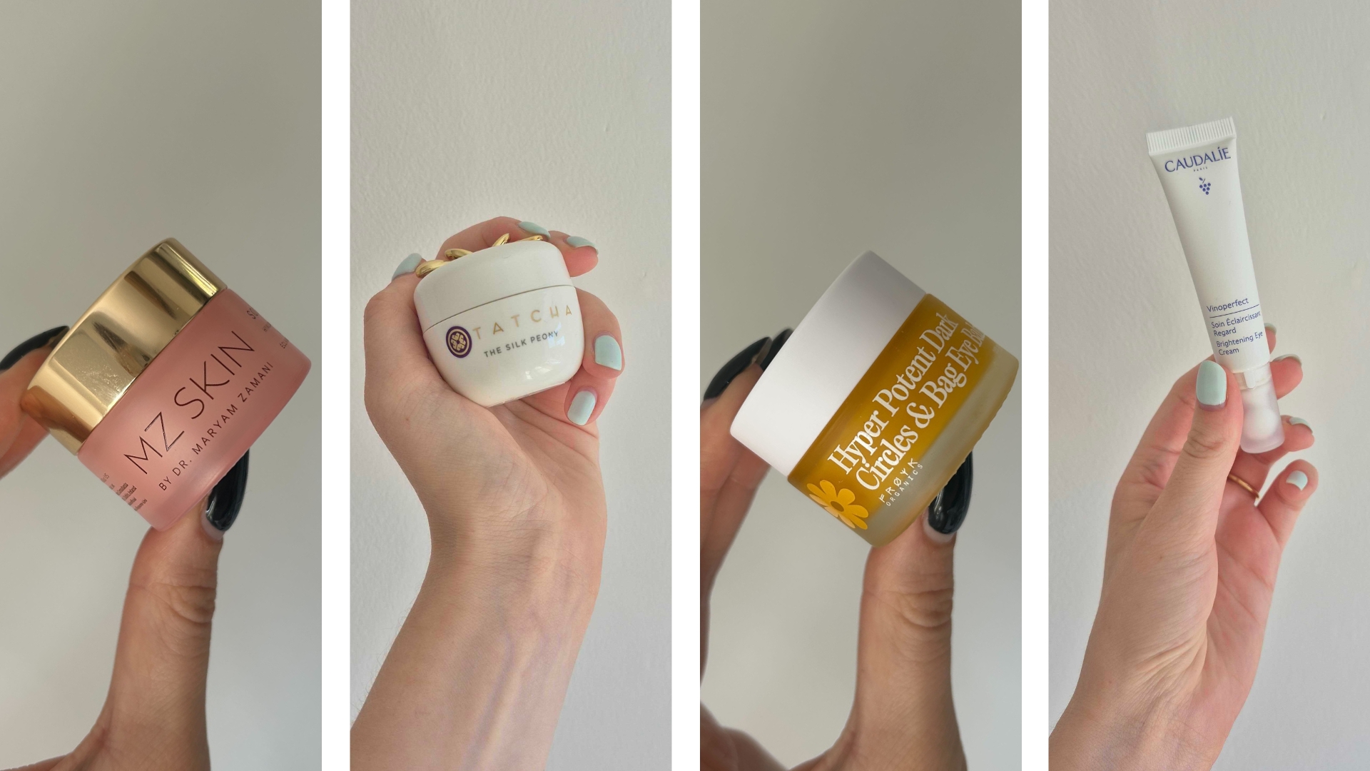 A collage of some of the best eye creams features in the guide: on the left is a close-up of Digital Beauty Writer, Sennen Prickett's hand holding the MZ SKIN eye cream, followed by Digital Beauty Writer, Naomi Jamieson's seen holding the Tatcha Silk Peony eye cream. Then again, we see Sennen holding the Froya Organics eye balm, and lastly, Naomi holding up the Caudalie Vinoperfect eye cream.