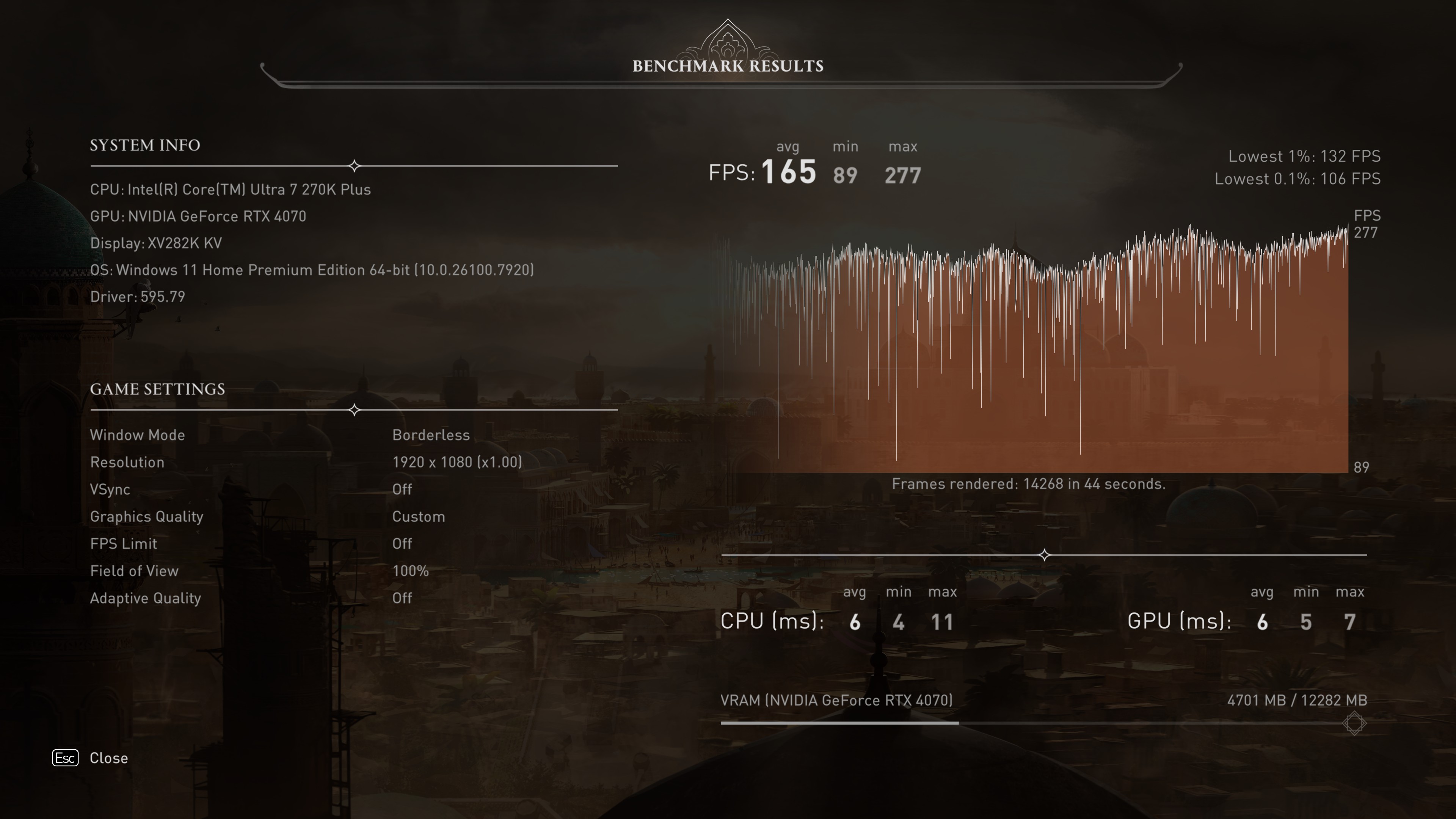 A screenshot of the built-in benchmark results from Assassin's Creed Mirage, showing the impact of not using Intel APO and BOT at 1080p High