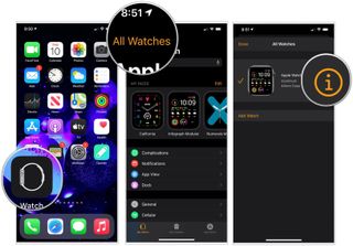 To unpair your watch, Go to the Watch app on your iPhone, then tap All Watches at the top of the My Watch screen. Tap the info button to the right of your current watch.