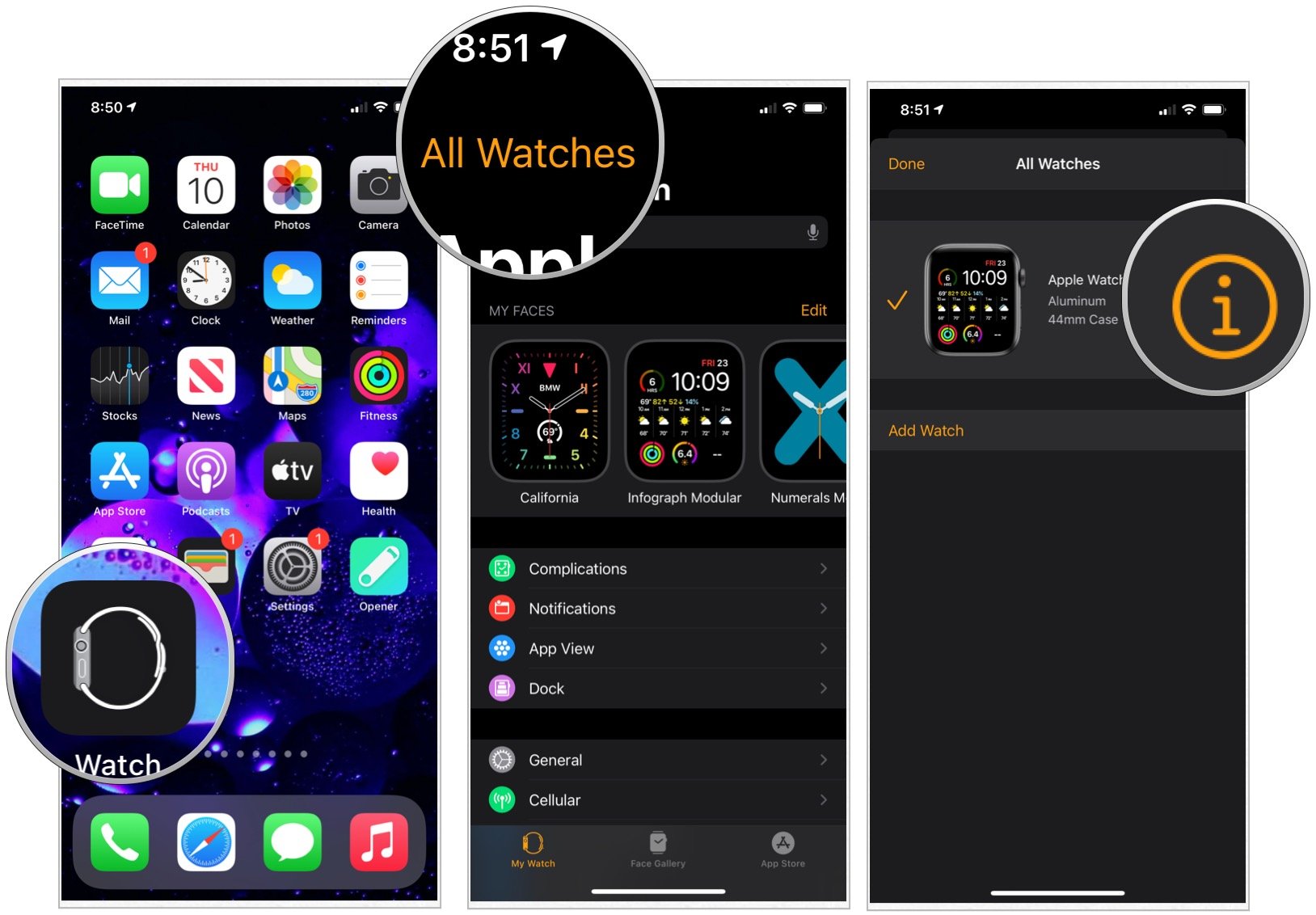 Чтобы разорвать пару с часами, перейдите в приложение «Часы» на iPhone, затем коснитесь «Все часы» в верхней части экрана «Мои часы».  Нажмите информационную кнопку справа от текущих часов.