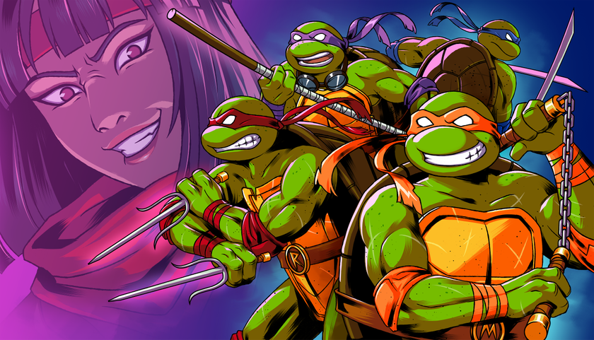 The four Teenage Mutant Ninja Turtles posing while Karai looks down at them in Teenage Mutant Ninja Turtles: Tactical Takedown.