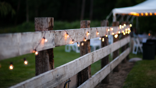 row of fairy lights draped across timber fencing