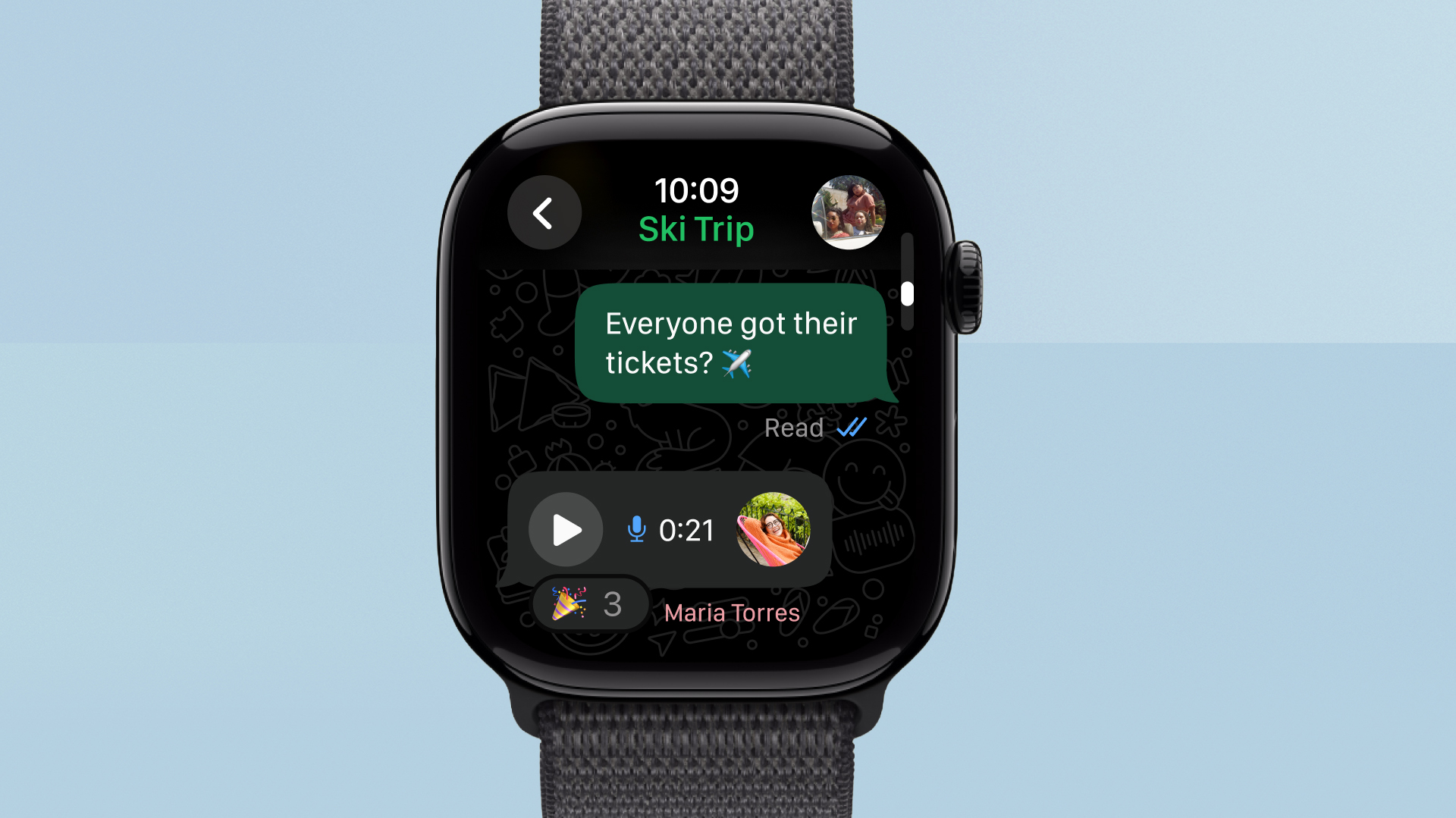 Apple Watch displaying the updated WhatsApp messaging app