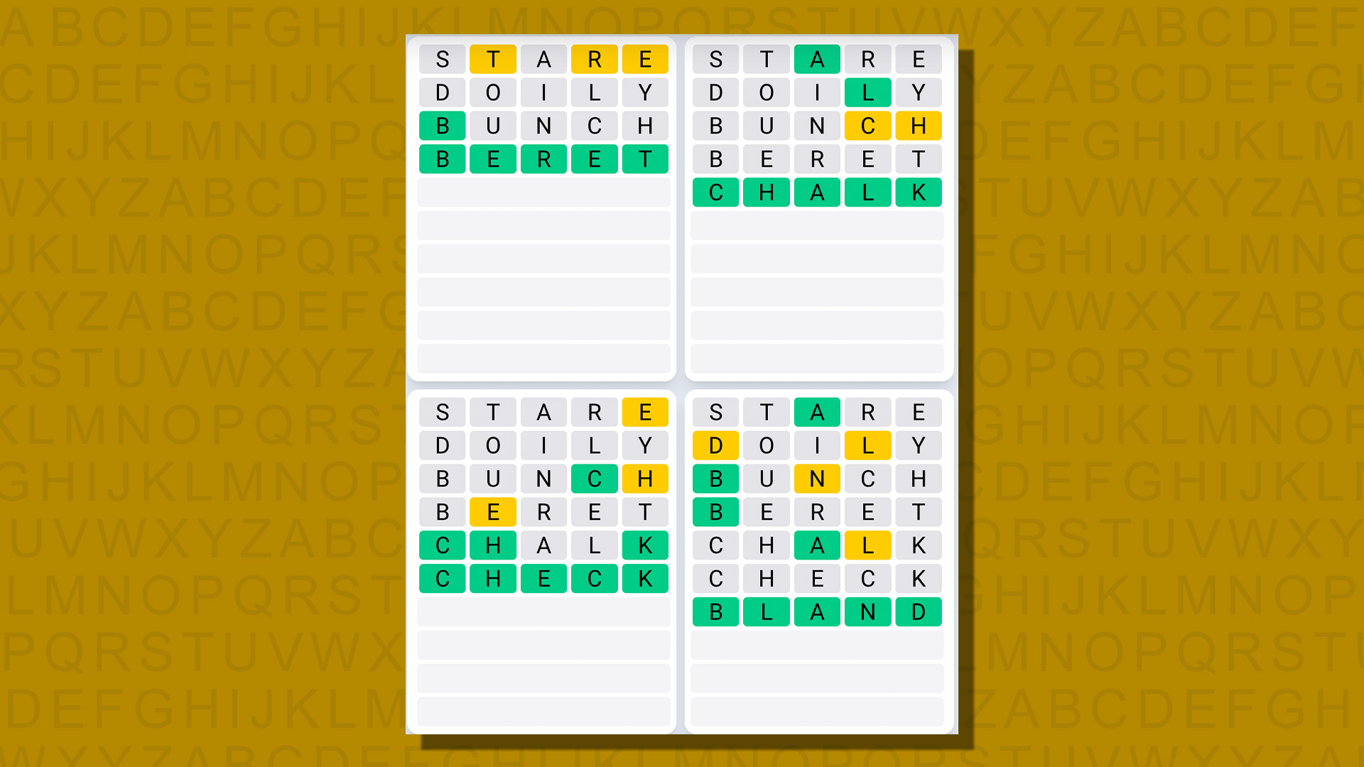Quordle daily sequence answers for game 782 on a yellow background