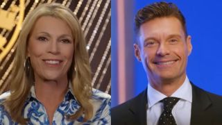 From left to right: screenshots of Vanna White smiling and talking to the camera and Ryan Seacrest smiling to the camera.