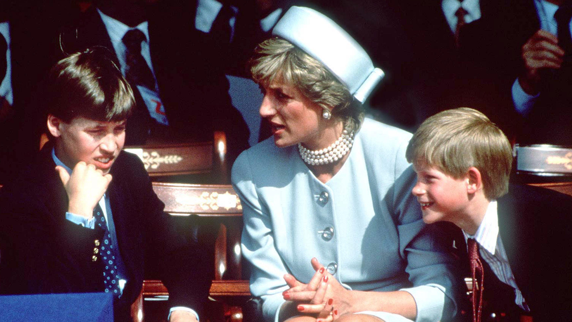 Princess Diana (1961 - 1997) with her sons Prince William and Prince Harry at the V.E Day commemorations in Hyde Park, London, May 1995. (Photo by Rota/Pool/Getty Images)