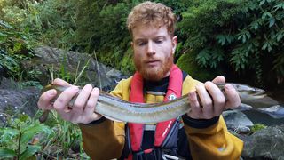 George Cowan holds an eel during a tagging project in the Azores.