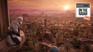 Basim looking over a sunset in Baghdad in Assassin's Creed Mirage