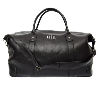 black leather weekender bag with customised initials