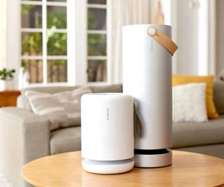 Two Molekule Air Purifiers on a table in front of a gray sofa.