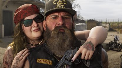 Two bikers posing with a revolver and a motorbike in Grand Theft Auto 6 area Ambrosia