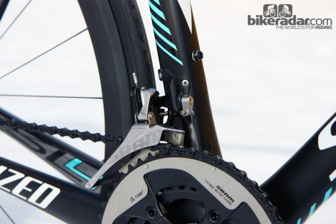 SRAM's Red 2012 front derailleur incorporates a clever feature called Yaw that automatically adjusts changes the angle of the chain for a rub-free drivetrain.