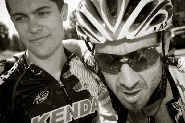 Ben Day (Kenda) congratulates teammate Robert Sweeting on his win.