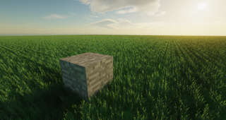 The ultra-realistic grass texture pack in Minecraft shown off next to a vanilla stone block.