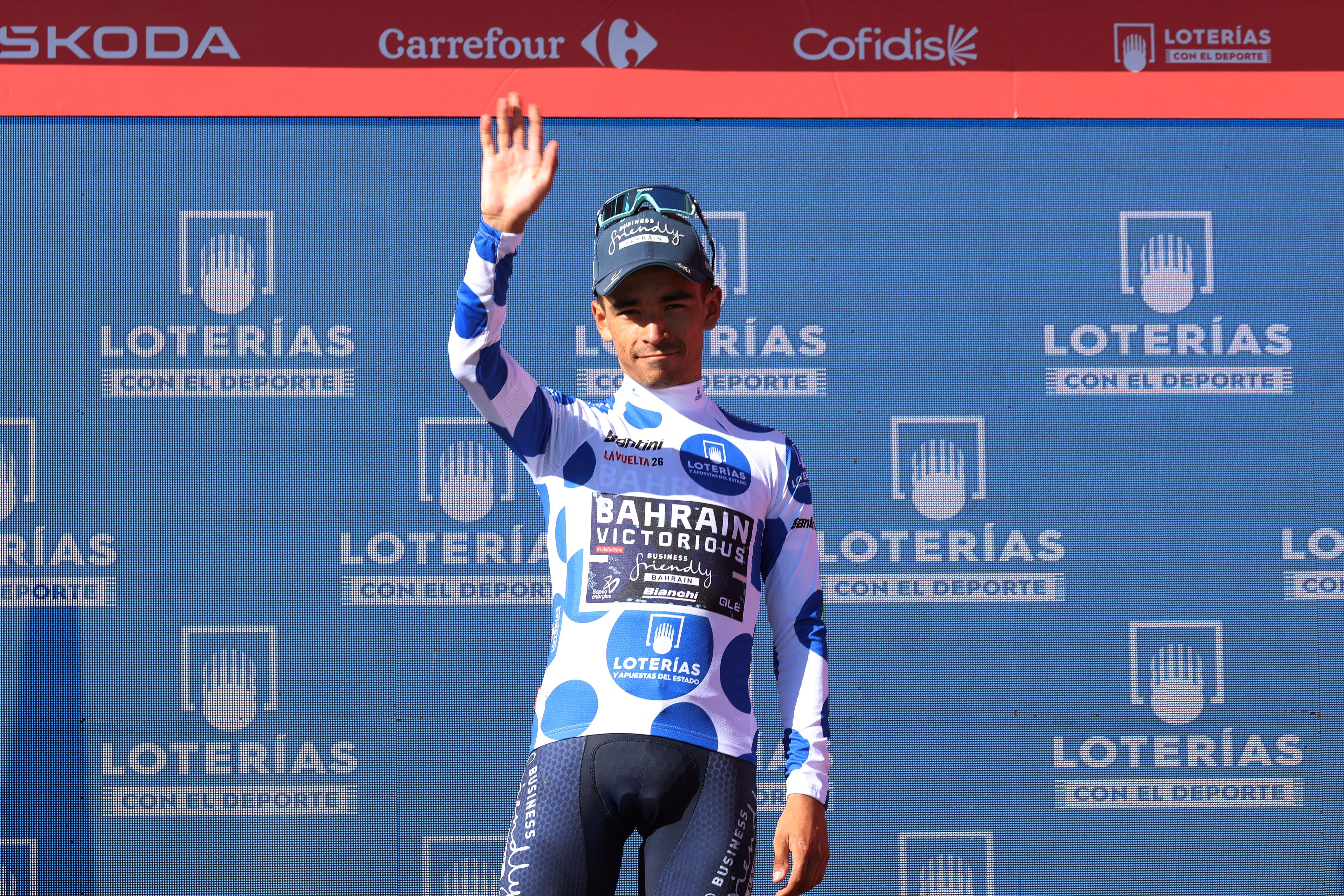 ALTO DE AITANA, SPAIN - AUGUST 30: Santiago Buitrago of Colombia and Team Bahrain Victorious celebrates at podium as Polka Dot Mountain Jersey winner during the La Vuelta - 81st Tour of Spain 2026, Stage 9 a 187.4km stage from Villajoyosa to Alto de Aitana 1544m / #UCIWT / on August 30, 2026 in Alto de Aitana, Spain. (Photo by Alexander Hassenstein/Getty Images)