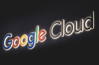 Illuminated Google Cloud logo displayed at day 2 of the GSMA Mobile World Congress at Fira Barcelona