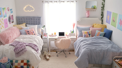 A Danish pastel themed dorm room featuring various dorm organizers