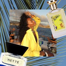 A person wearing yellow on a boat with banana perfume bottles overlaid.