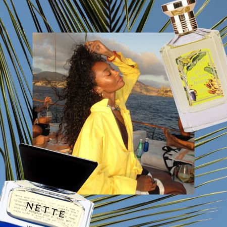 A person wearing yellow on a boat with banana perfume bottles overlaid.