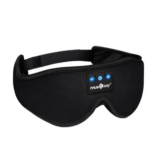 A black sleep mask with three blue buttons on the top and white small writing that says 'Musicozy'