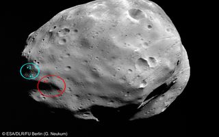 This picture of Phobos shows two possible landing sites for the Russian Phobos-Grunt mission. The oval in red marks a spot that was previously being considered, while the blue oval denotes the currently favored landing site. 