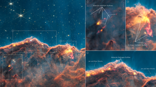 Close-up views of the "Cosmic Cliffs" image taken by the James Webb Space Telescope showing jets and outflows from protostars.