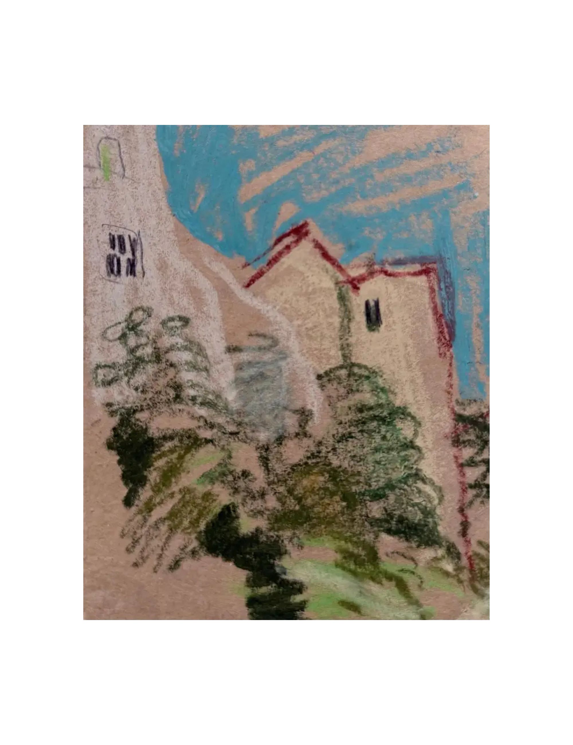 1st Dibs, White Houses In Bright Blue Sky Landscape British Modernist Pastel Sketch