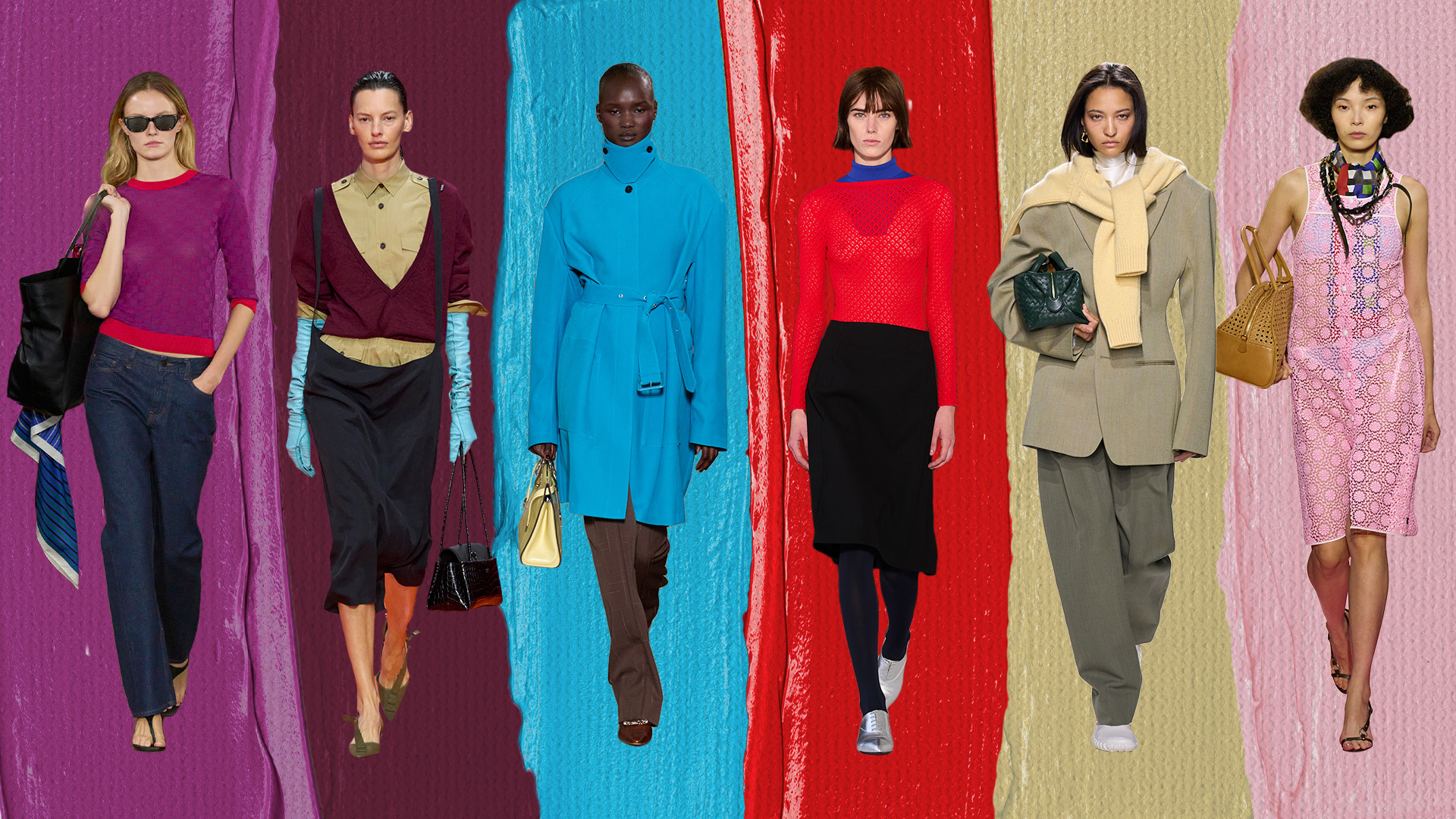 a collage of runway and Instagram imagery featuring the coolest color combinations of spring 2026