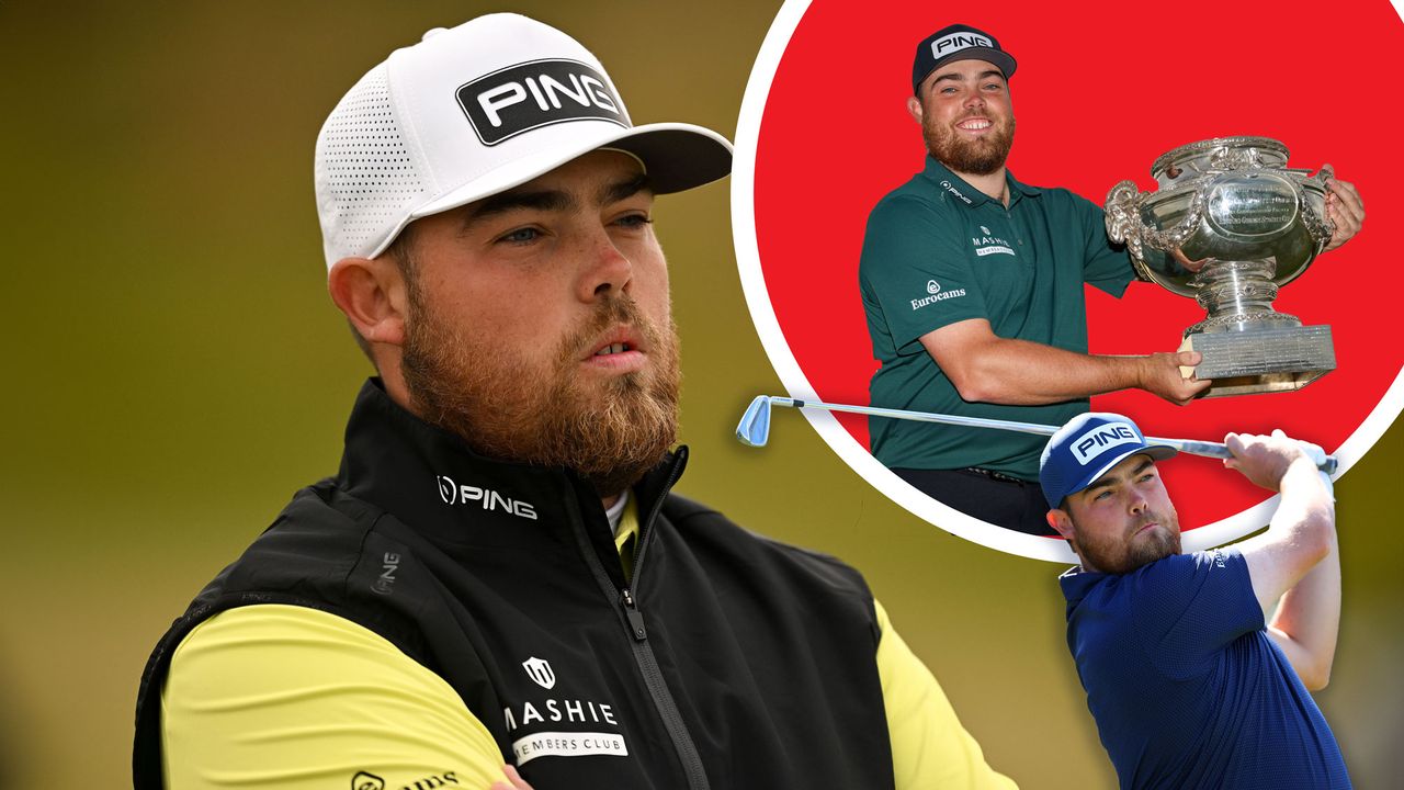 Dan Bradbury in three images: looking into the distance, lifting the French Open trophy and in the finish position after hitting an iron shot