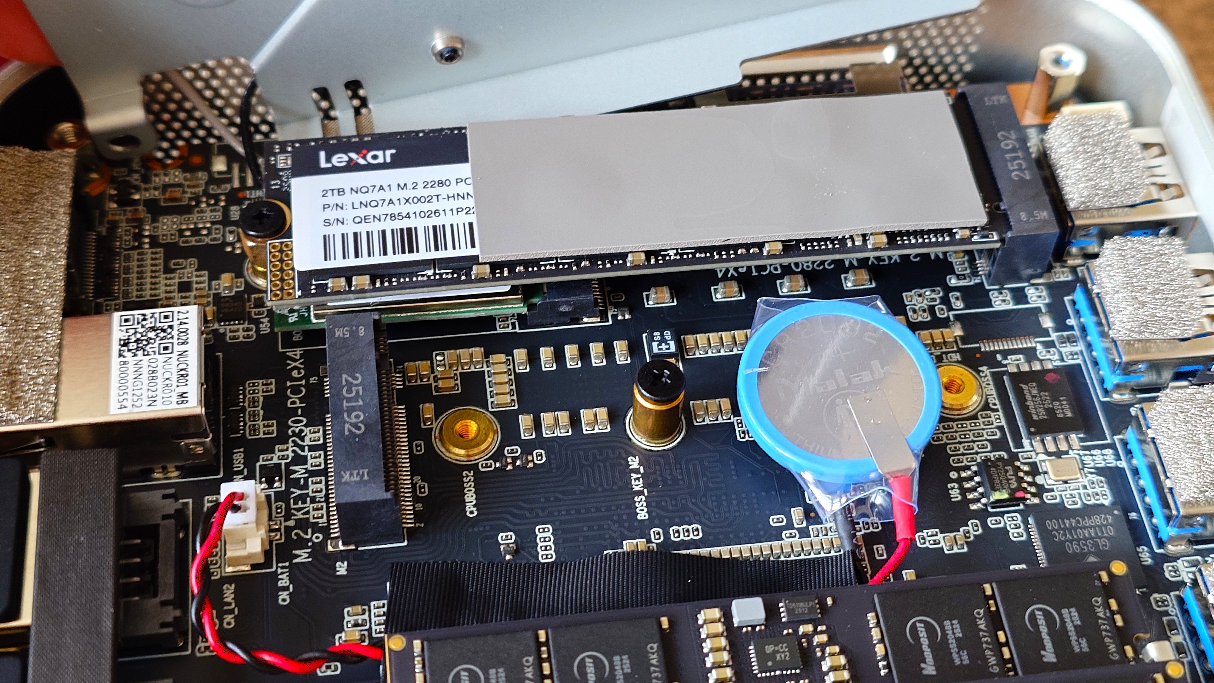 Internals of the Geekom A9 Max mini PC showing upgradeable RAM and a vacant m.2 2230 SSD slot.