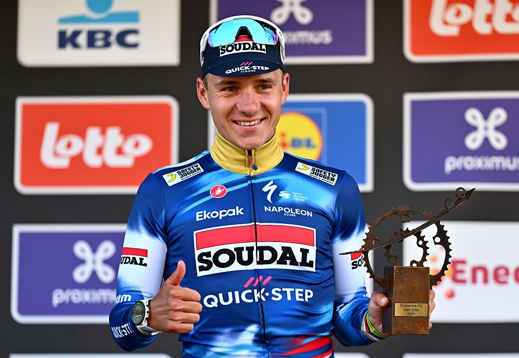 OVERIJSE BELGIUM APRIL 18 Remco Evenepoel of Belgium and Team Soudal QuickStep celebrates at podium as race winner during the 65th De Brabantse Pijl La Fleche Brabanconne 2025 Mens Elite a 1626km one day race from Beersel to Overijse on April 18 2025 in Overijse Belgium Photo by Luc ClaessenGetty Images