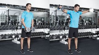 Man in gym demonstrates two positions of the lateral raise using dumbbells