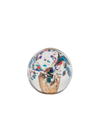 A murano glass paperweight boasts a spherical transparent structure filled with colorful blobs.